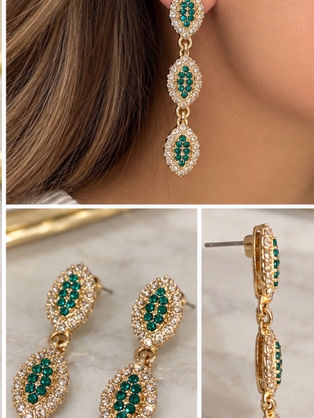 Saks Fifth Avenue Gold Drop Earrings Emerald Green clear holiday party dangle - Picture 3 of 3